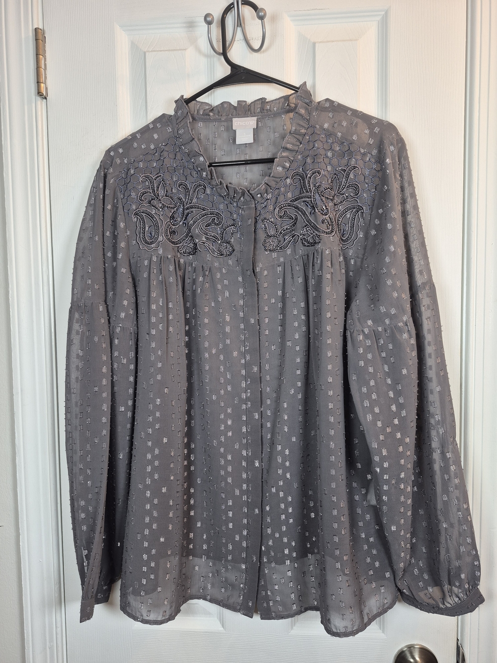 Chico's Charcoal Gray Metallic Clip Dot Beaded Yoke Boho Blouse XL / 16 / 18